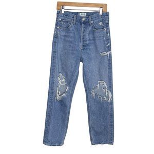 Agolde 90s Mid Rise Jeans Womens Sz 26 Blue Distressed Loose Fit Busted Knee